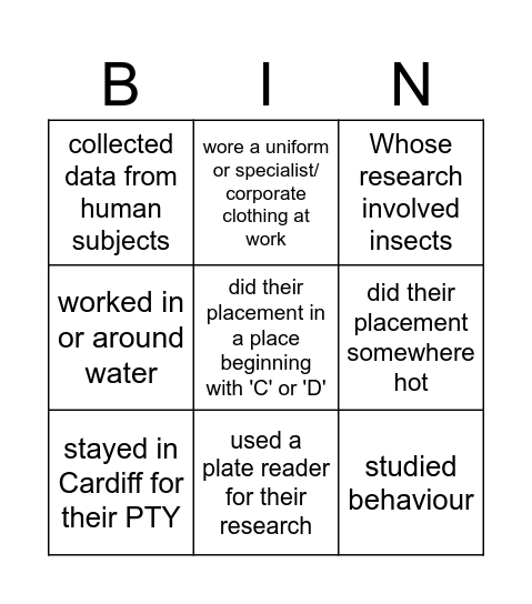 PTY Bingo! Find a student who.... Bingo Card