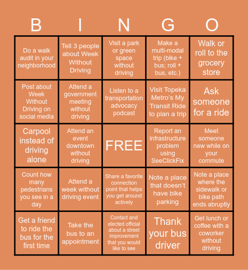 Week Without Driving Bingo Card
