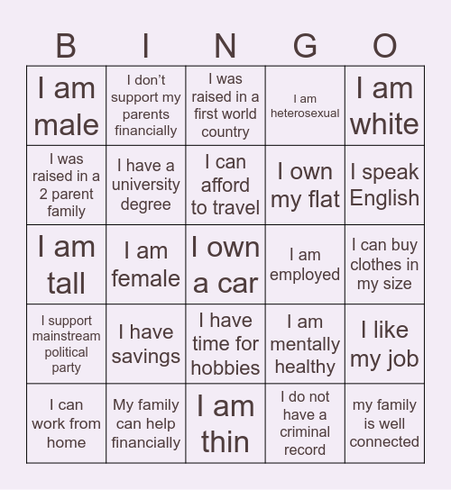 Check your privilege Bingo Card