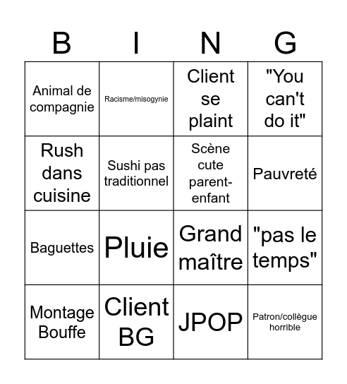 Sushi Movie Bingo Card