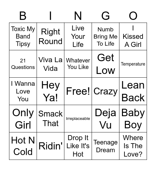2000-2010 Hits Rd 1 Bingo Card
