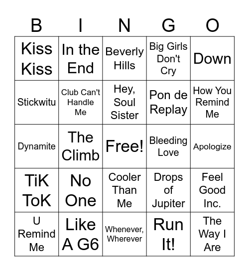 2000-2010 Hits Rd 3 Bingo Card