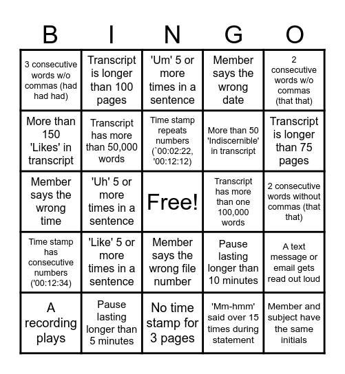 Transcription Bingo Card