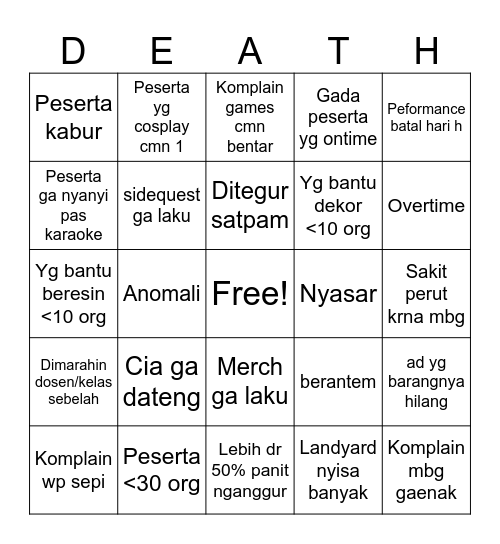 Death Sentance Bingo Card