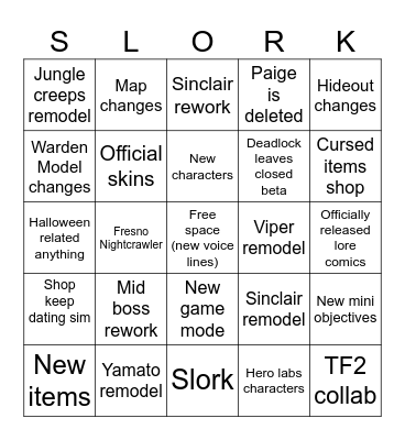 Deadlock Update Bingo Card Bingo Card