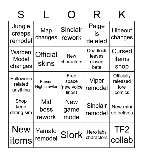 Deadlock Update Bingo Card Bingo Card