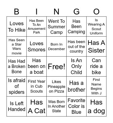 Scout "Get to know you" Bingo Card
