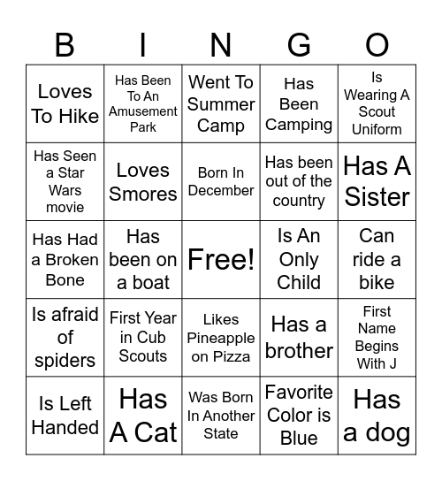 Scout "Get to know you" Bingo Card