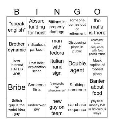 The italian Job guesses Bingo Card