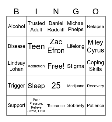 Recovery Month Bingo Card