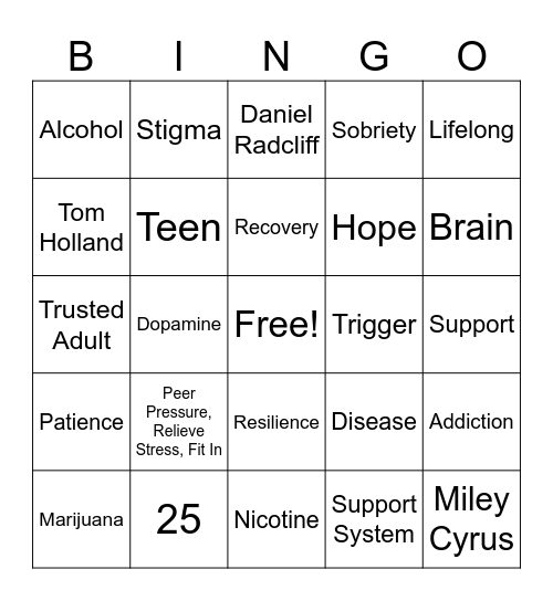 Recovery Month Bingo Card