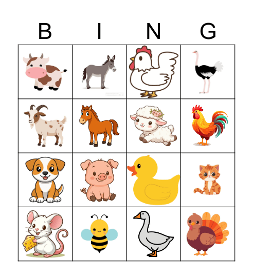 Farm Animals Bingo Card