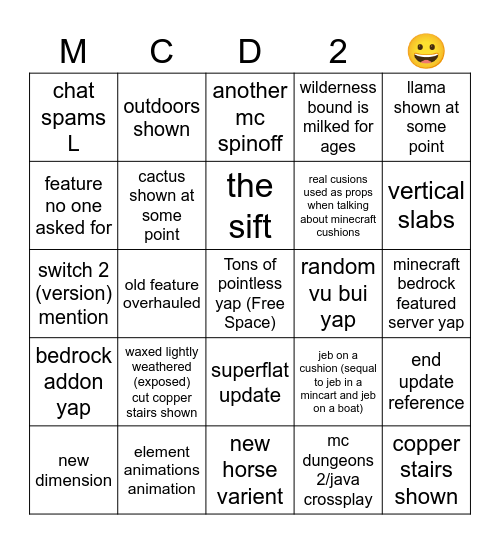 Minecraft Live Sep 2026 Bingo! Bingo Card