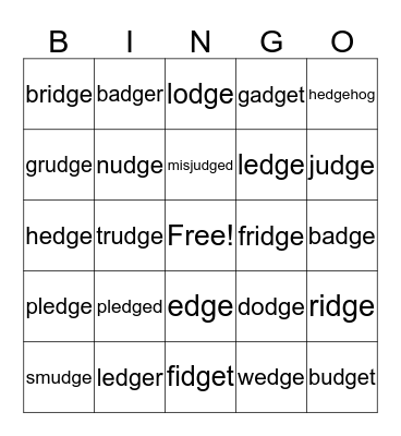 Phonics Pattern for -dge ( j ) Bingo Card