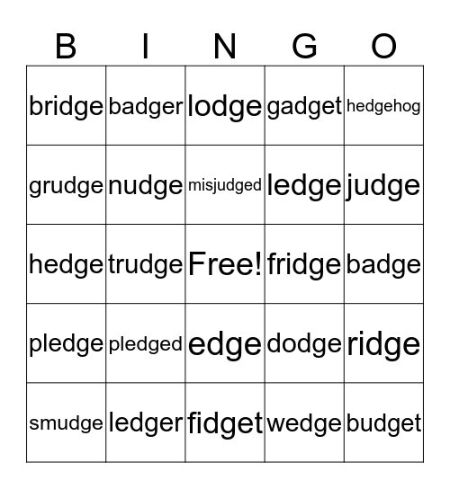 Phonics Pattern for -dge ( j ) Bingo Card