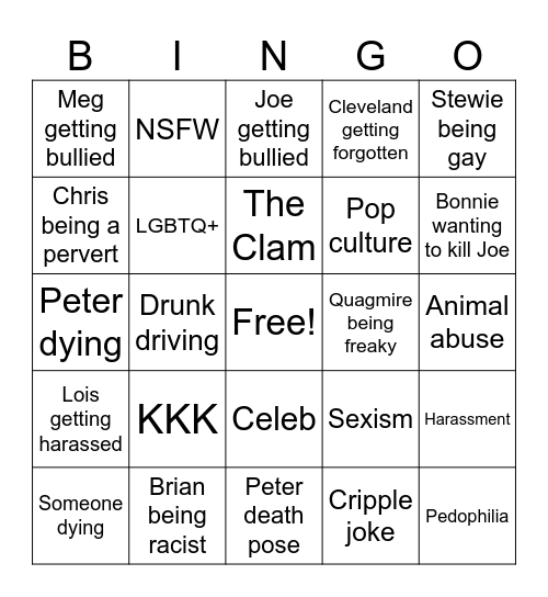 Family Guy Bingo Card
