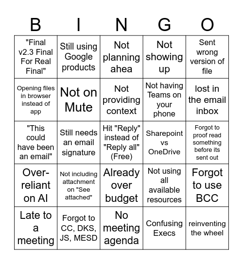 Senior Design Project Management Bingo Card
