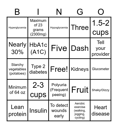 Diabetes Knowledge Bingo Card