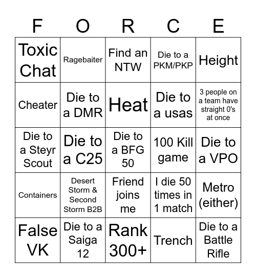 PHANTOM FORCES BINGO Card