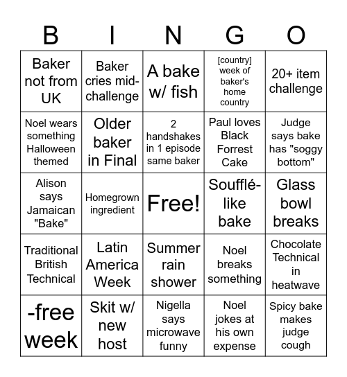 British Bake Off 2026 Bingo Card