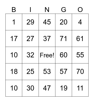 1-75 Bingo Card