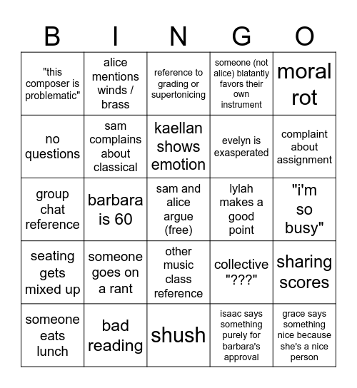 music history class Bingo Card