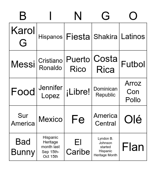 Hispanic Heritage Month Bingo Card