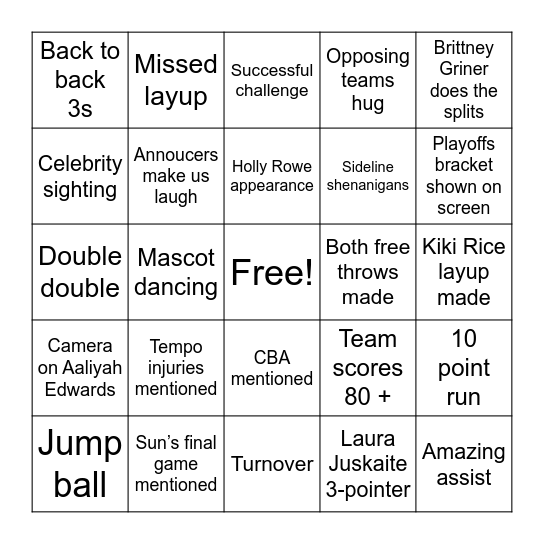 SPORTIES x WNBA Bingo Card