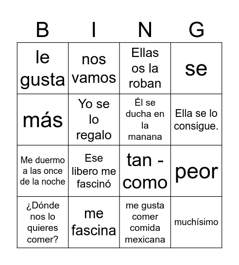 Español Bingo Card