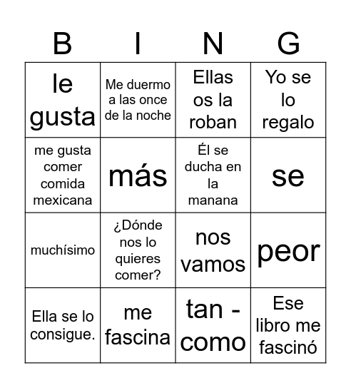 Español Bingo Card