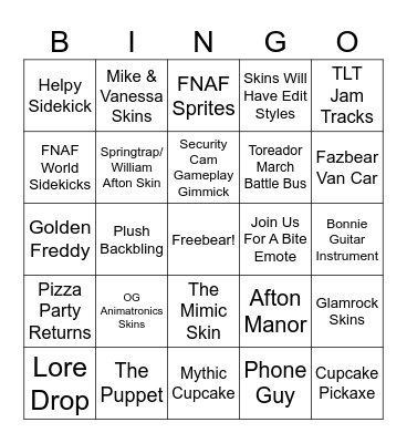 FNAF x Fortnite Bingo Card