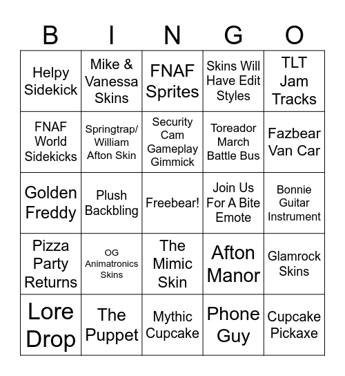 FNAF x Fortnite Bingo Card