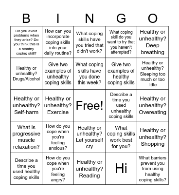 Coping Skills Bingo Card