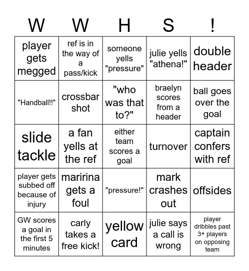 WWHS vs GW BINGO Card