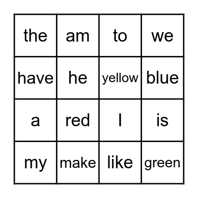 Heart Words Bingo Card