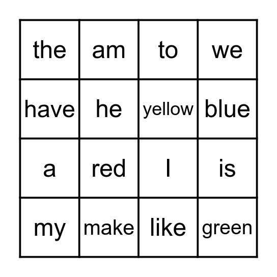 Heart Words Bingo Card