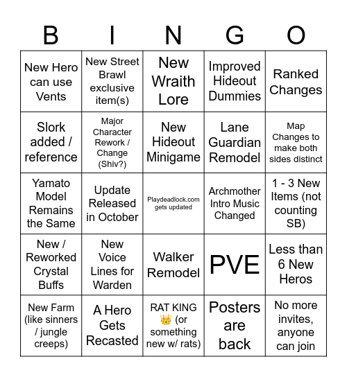 Deadlock Update Bingo Card