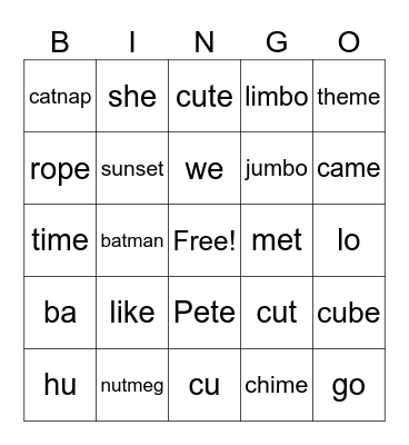 VC/CV words/syllable patterns bingo Card