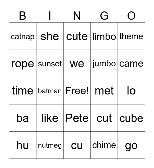VC/CV words/syllable patterns bingo Card