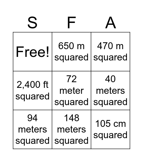 Surface Area Bingo Card