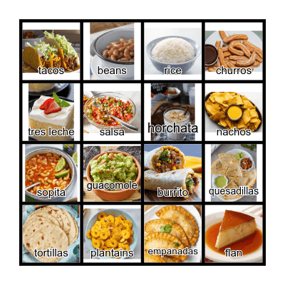 Hispanic Foods Bingo Card