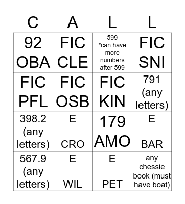 CALL number BINGO Card