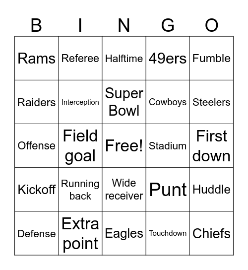 NFL Football Bingo Card