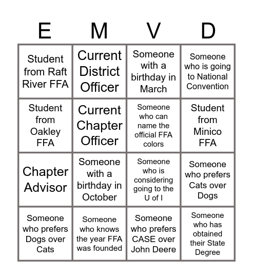 EMVD Straw Maze Social Bingo Card