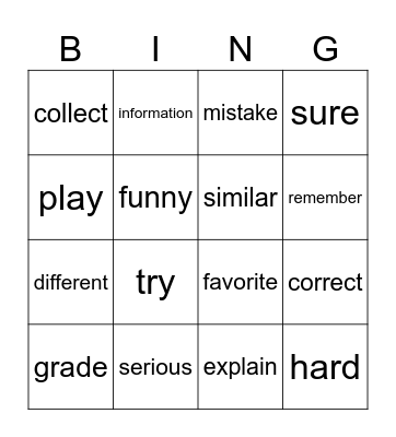 Vocabulary Bingo Card