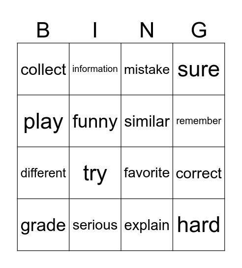 Vocabulary Bingo Card