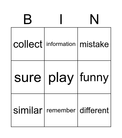 Vocabulary Bingo Card