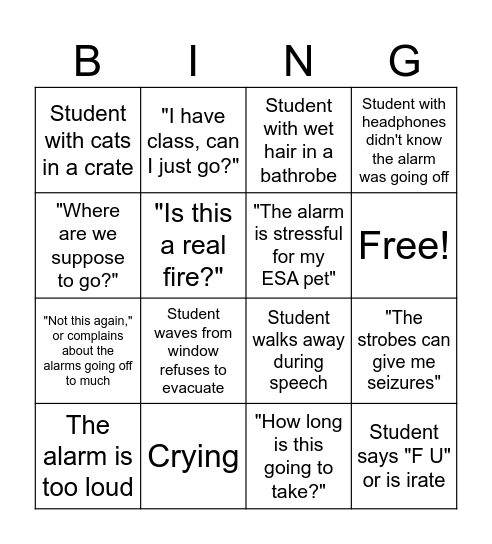 EVAC Bingo Card
