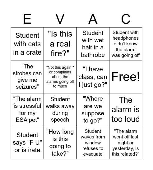 EVAC Bingo Card