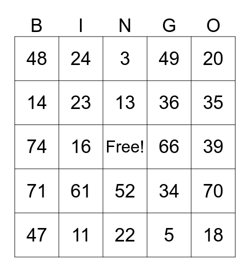 1-75 Bingo Card